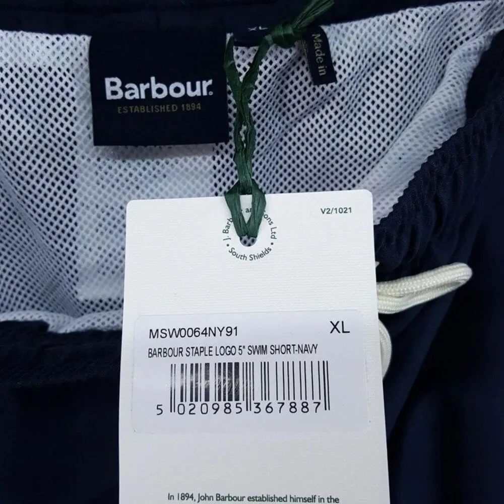 BARBOUR Swim Trunks Mens XL Navy Blue Drawstring Lined Staple Logo Shorts 5